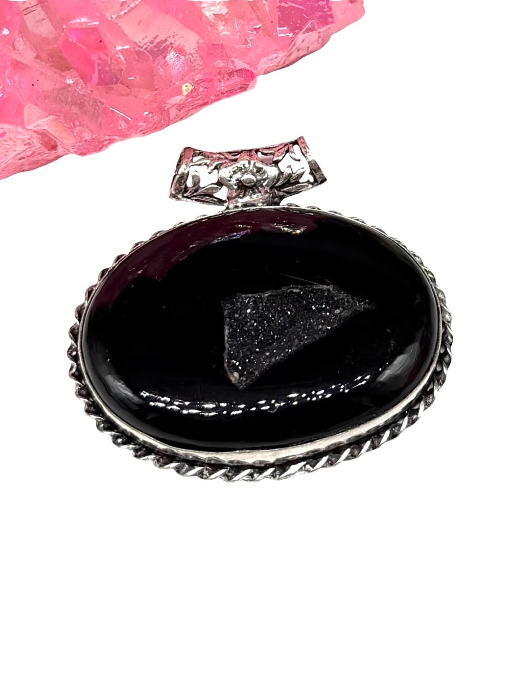 Black Onyx Druzy Necklace Pendant 925 Sterling Silver Overlay